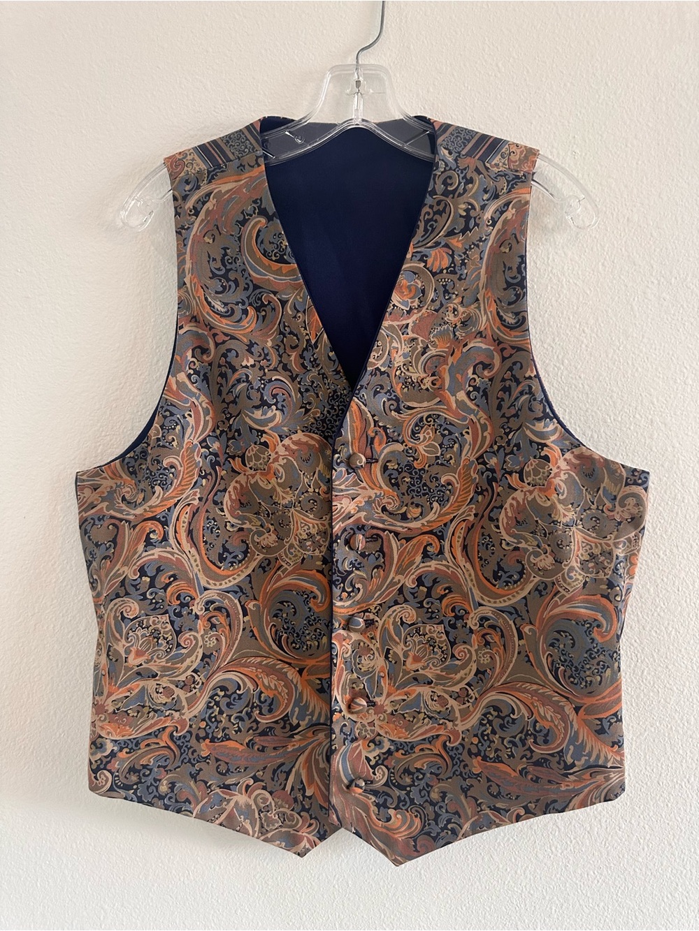Paisley Satin Women's Vintage Vest in Navy and Copper, XL
